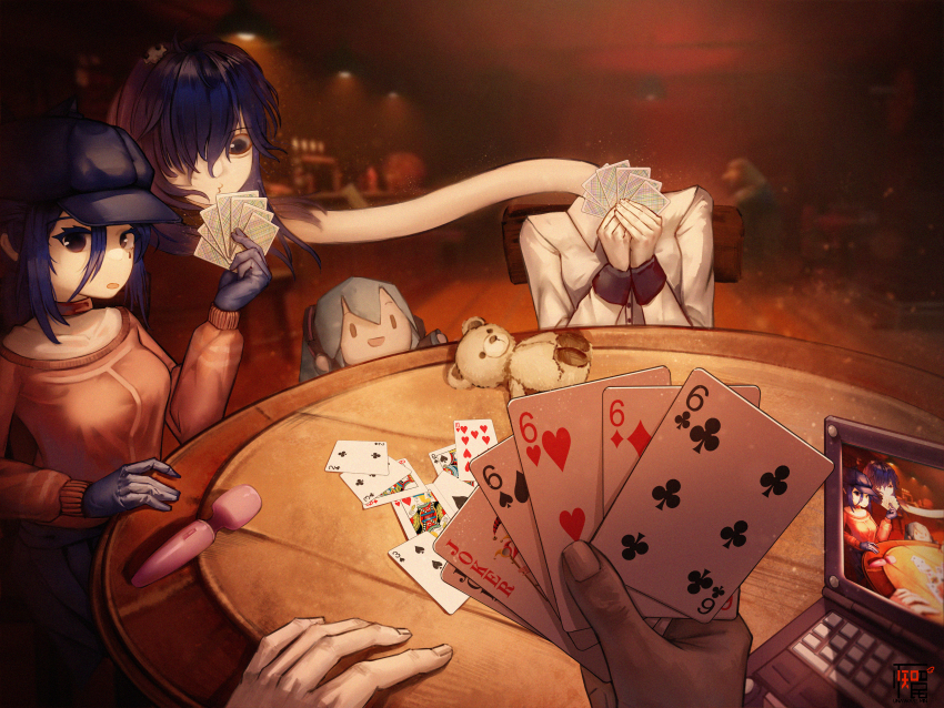 1boy 2girls absurdres artist_logo black_eyes blue_gloves blue_hair blue_hat cabbie_hat card chibi_miku club_(shape) commentary_request cool_mita_(miside) creepy_mita_(miside) diamond_(shape) gloves hat hatsune_miku highres holding holding_card jack_(playing_card) logo long_hair long_neck looking_at_viewer miside mita_(miside) multiple_girls player_character_(miside) playing_card pov pov_hands red_shirt round_table shirt spade_(shape) stretched_neck stuffed_animal stuffed_toy table teddy_bear unaware_min vocaloid white_shirt