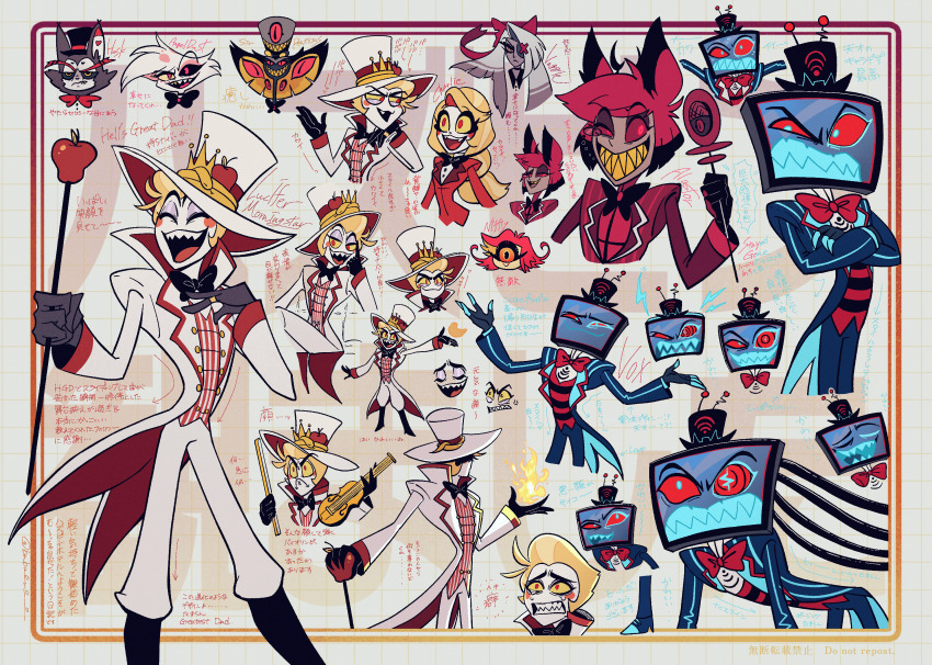 3girls 6+boys alastor_(hazbin_hotel) angel_dust animal_ears apple black_bow black_bowtie black_gloves black_hair black_headwear black_lips black_scales black_sclera black_skin blonde_hair blush_stickers bow bowtie breasts cat_boy charlie_morningstar circle_facial_mark coat colored_sclera colored_skin colored_teeth cross cup cyclops deer_boy deer_ears demon demon_boy demon_girl dress drinking_glass eyeshadow fangs fangs_out father_and_daughter food formal_clothes frown fruit furry furry_male genre_connection gloves gold_teeth grey_hair grey_skin grid_background grin hair_bow hair_over_one_eye hat hazbin_hotel head_on_table heart-shaped_eyebrows highres holding husk_(hazbin_hotel) inverted_cross invisible_table isometric jacket lamia_boy long_hair looking_at_viewer lucifer_morningstar_(hazbin_hotel) makeup microphone mismatched_sclera momochi_(bmbmomomo) monocle_chain monster_boy monster_girl multi-tied_hair multicolored_hair multiple_boys multiple_girls niffty_(hazbin_hotel) object_head one-eyed open_mouth pale_skin pink_sclera pinstripe_pattern pinstripe_suit purple_eyeshadow red_bow red_bowtie red_eyes red_hair red_sclera red_suit sharp_teeth shirt short_hair shot_glass signal_bar sir_pentious small_breasts smile snake solid_eye spider_boy striped_clothes striped_coat striped_jacket striped_vest suit teeth traditional_bowtie tuxedo two-tone_fur two-tone_hat vaggie vertical-striped_clothes vertical-striped_jacket vertical-striped_vest very_long_hair vest vintage_microphone vox_(hazbin_hotel) white_fur white_headwear white_suit yellow_eyes yellow_scales yellow_sclera yellow_teeth