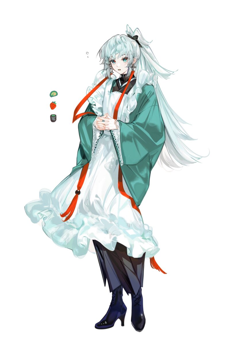 1girl apron aqua_eyes aqua_haori arlizi black_boots black_hakama black_kimono black_ribbon boots earrings fate/samurai_remnant fate_(series) frilled_apron frills full_body hair_ribbon hakama haori highres japanese_clothes jewelry kimono kishimen_hair lace maid maid_apron mixed_maids own_hands_together ribbon simple_background solo tassel tassel_earrings wa_maid white_apron white_background white_hair wide_sleeves yui_shousetsu_(fate)