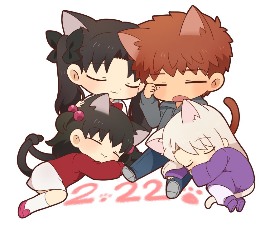 1boy 3girls animal_ears black_hair cat_ears emiya_shirou closed_eyes fate/stay_night fate_(series) highres illyasviel_von_einzbern matou_sakura multiple_girls red_hair skirt sleeping sleepy tail tohsaka_rin tohsaka_sakura tsubuta_hiro twintails white_background white_hair white_skirt