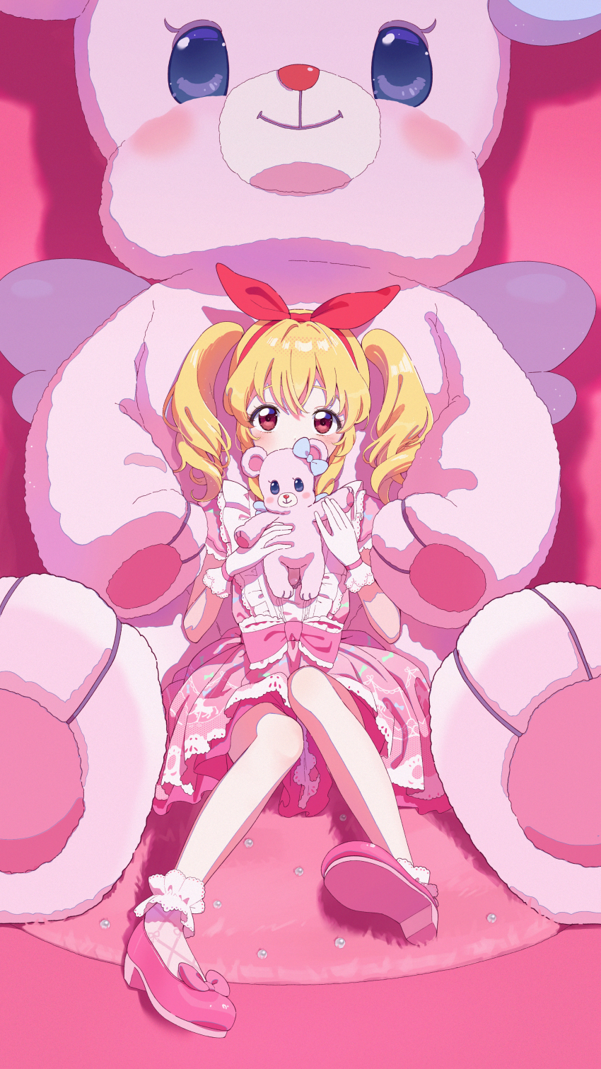 1girl absurdres aged_down aikatsu! aikatsu!_(series) angely_bear_(aikatsu) bare_legs blonde_hair blush bow bow_hairband curly_hair dress frilled_bow frills gloves hair_bow hairband hands_up highres holding holding_stuffed_toy hoshimiya_ichigo idol idol_clothes long_hair looking_at_viewer pink_bow pink_dress pink_shoes red_bow red_eyes red_hairband ren-da-min shoes short_dress short_sleeves sitting solo straight-on stuffed_animal stuffed_toy twintails white_gloves