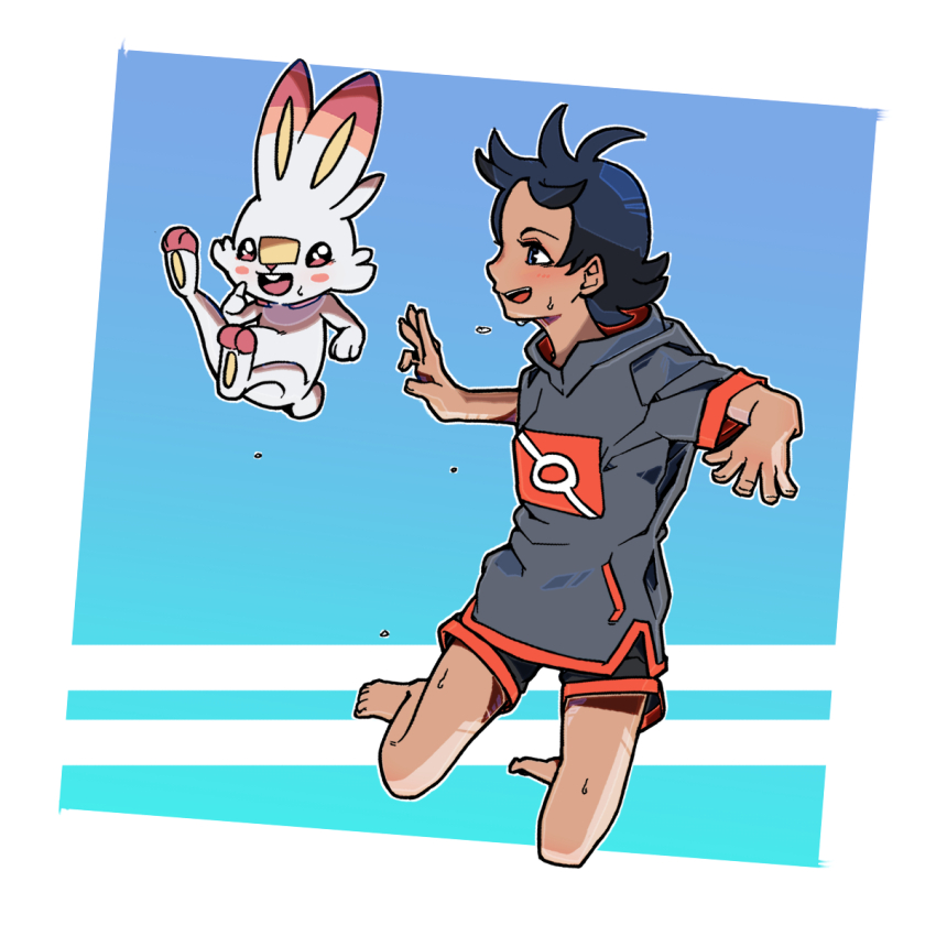 1boy 2049_(hh5566) adapted_costume ahoge androgynous aqua_background barefoot creatures_(company) dark-skinned_male dark_skin eyelashes feet feet_up fingernails full_body game_freak gen_8_pokemon goh_(pokemon) grey_hoodie hands_up happy highres hood hoodie hot jumping legs light_blush looking_at_another male_focus multiple_views nintendo open_mouth pokemon pokemon_(anime) pokemon_journeys profile scorbunny short_hair short_shorts short_sleeves shorts size_difference smile sweat toes turnaround