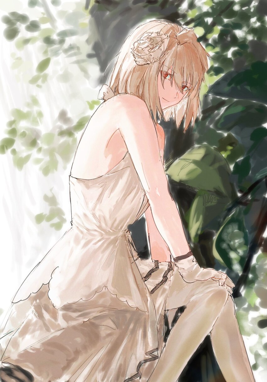 1girl arcueid_brunestud ashashio blonde_hair dress hair_ornament highres looking_at_viewer official_alternate_costume outdoors red_eyes short_hair smile solo tsukihime tsukihime_(remake) white_dress