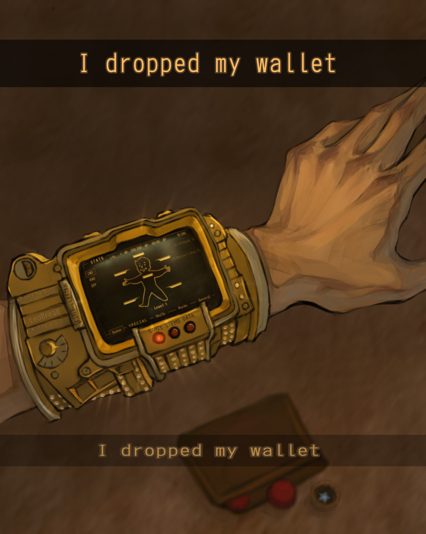 bottle_cap courier_(fallout:_new_vegas) english_text fallout:_new_vegas fallout gold highres jewelry leocatbread on_ground pip_boy signature wallet wrist_computer