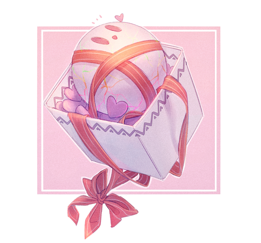 black_eyes border box chinese_commentary commentary_request gift heart highres in_box in_container kirby_star_allies kirby_(series) nintendo no_humans notice_lines open_mouth outline outside_border pink_background red_ribbon ribbon simple_background smile solid_oval_eyes somayumi striped_ribbon void_soul void_termina white_border white_outline