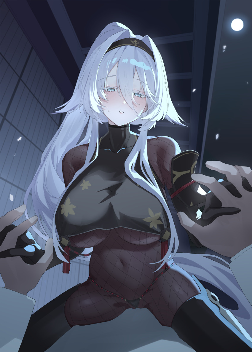 1boy 1girl absurdres azur_lane black_bodystocking black_panties bodystocking commander_(azur_lane) fishnet_bodystocking fishnets grey_eyes grey_hair highres official_alternate_costume panties ponytail pov pov_hands showmoo sovetsky_soyuz_(azur_lane) sovetsky_soyuz_(stringed_interrogation)_(azur_lane) underwear