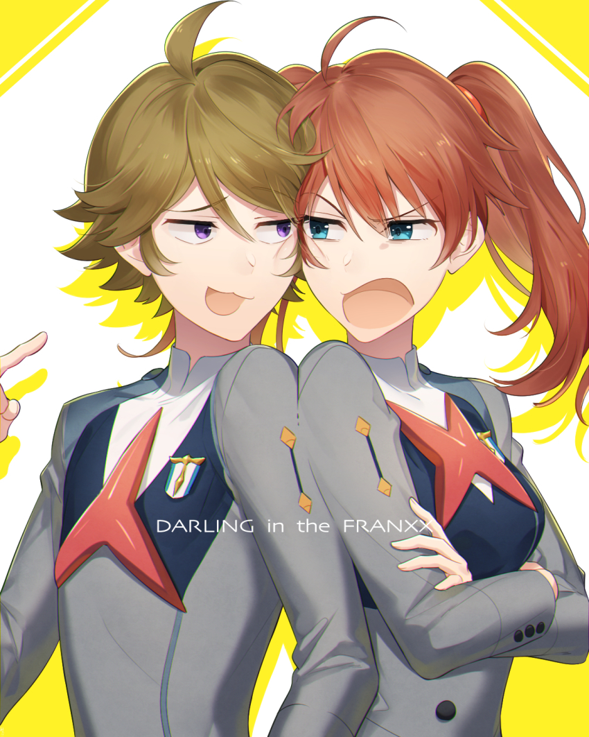 1boy 1girl ahoge arguing blue_eyes brown_hair copyright_name crossed_arms darling_in_the_franxx floating_hair hair_between_eyes highres long_hair long_sleeves mikko_(mim_mikko) miku_(darling_in_the_franxx) open_mouth purple_eyes twintails upper_body v-shaped_eyebrows zorome_(darling_in_the_franxx)