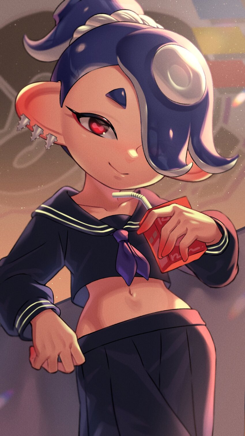 1girl belly blue_hair drinking_straw earrings hair_over_one_eye highres iria_(yumeirokingyo) jewelry juice_box looking_at_viewer navel nintendo octoling octoling_player_character ponytail red_eyes shiver_(splatoon) shiver_(young)_(splatoon) smile splatoon_(series) splatoon_3 tooth_earrings