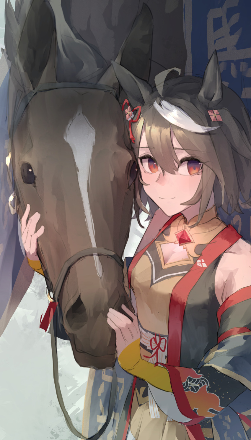 1girl absurdres ahoge animal animal_ears birthday birthday_connection blonde_hair bow breasts cleavage cleavage_cutout closed_mouth clothing_cutout commentary creature_and_personification ear_bow ear_ornament green_kimono hair_between_eyes hand_on_animal highres horse horse_ears horse_girl japanese_clothes kimono kitasan_black_(racehorse) kitasan_black_(umamusume) long_sleeves looking_at_viewer multicolored_hair personification real_life red_eyes reins sasa_fune short_hair small_breasts smile umamusume white_hair