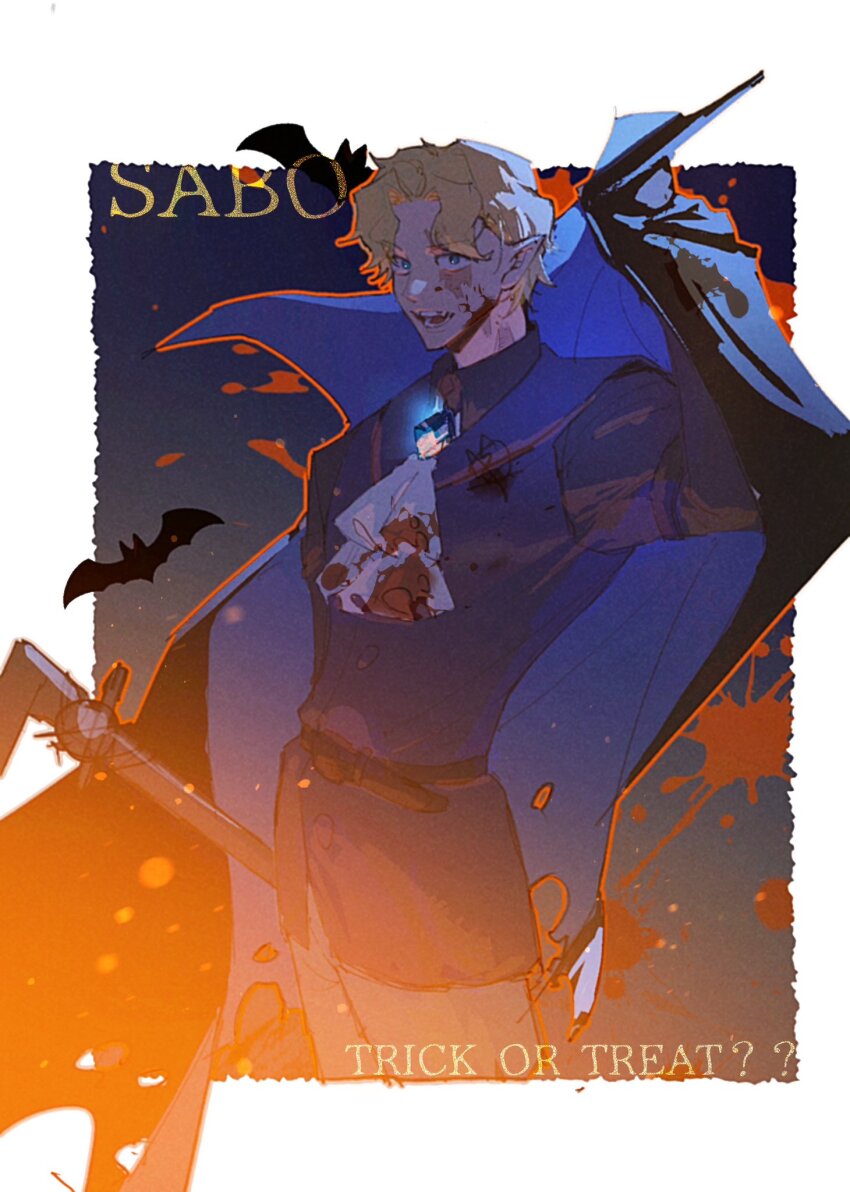 1boy ascot bat_(animal) belt blonde_hair blood blood_on_clothes blood_on_face cape character_name commentary cowboy_shot highres holding male_focus night one_piece onecata11 open_mouth parted_bangs pointy_ears sabo_(one_piece) scar scar_on_face short_hair solo splatter symbol-only_commentary trick_or_treat vest white_ascot