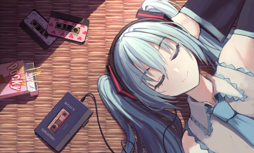 1girl absurdres arm_up audio_cable bare_shoulders black_sleeves blue_hair blue_necktie blue_trim box cardboard_box cassette_player cassette_tape chocolate closed_eyes closed_mouth collared_shirt commentary company_name crescent cursive day detached_sleeves english_commentary english_text eyebrows_hidden_by_hair food frilled_shirt frilled_shirt_collar frills grey_shirt hair_between_eyes hair_ornament hand_on_own_head hatsune_miku head_on_hand headphones heart highres indoors light_blush listening_to_music logo long_eyelashes long_hair lying necktie on_back on_floor pocky portrait raised_eyebrows relaxing rolling_girl_(vocaloid) shadow shirt sidelocks sleeping_beauty_(vocaloid) sleeveless sleeveless_shirt smile solo song_name strawberry_pocky sunlight tatami thick_eyelashes twintails vertigris vocaloid walkman white_shirt wide_sleeves world_is_mine_(vocaloid)