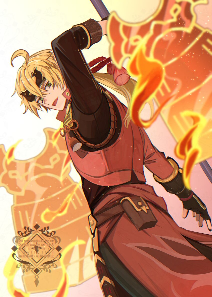 1boy :d ahoge aiguillette artist_name belt belt_pouch black_gloves black_shirt blonde_hair brown_belt commentary_request cowboy_shot cropped_jacket crossed_bangs fake_horns fingerless_gloves fire from_behind genshin_impact gloves green_eyes hair_between_eyes headband highres hiki_yuichi holding holding_polearm holding_weapon horned_headwear horns jacket light_particles long_hair long_sleeves looking_at_viewer looking_back low_ponytail male_focus open_mouth polearm ponytail pouch red_jacket shield shirt sleeve_cuffs smile solo standing tassel thoma_(genshin_impact) twitter_username watermark weapon