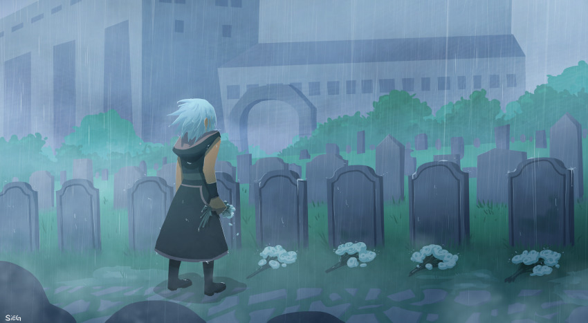 1boy absurdres arch artist_name black_boots black_hoodie boots building bush clenched_hand commentary dark-skinned_male dark_skin english_commentary flower from_behind grass graveyard grey_hair highres holding holding_flower hood hoodie kingdom_hearts kingdom_hearts_dark_road male_focus outdoors path rain road sigvrit solo spoilers tombstone wet white_flower xehanort