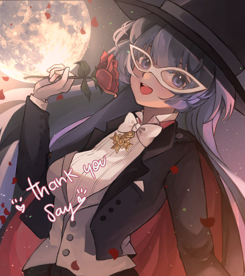 1girl bishoujo_senshi_sailor_moon black_hat black_jacket bow bowtie breasts collared_shirt commentary commission commissioner_name cosplay domino_mask english_commentary english_text falling_petals flower full_moon gloves hat highres holding holding_flower honkai_(series) honkai_impact_3rd jacket long_hair looking_at_viewer mask mofumanju moon night night_sky open_mouth petals purple_eyes purple_hair raiden_mei red_flower red_petals red_rose rose shirt skeb_commission sky smile top_hat tuxedo tuxedo_kamen tuxedo_kamen_(cosplay) vest waistcoat white_bow white_bowtie white_gloves white_shirt