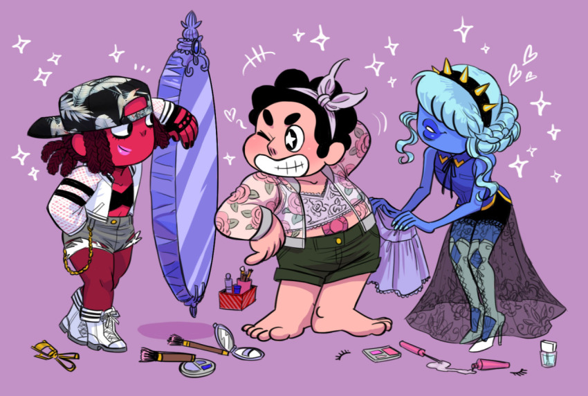 2girls blue_hair blue_skin boots brown_hair colored_skin cross-laced_clothes cross-laced_legwear hairband high_heel_boots high_heels junkmix_(c2ndy2c1d) mirror multiple_girls red_hair red_skin ruby_(steven_universe) sapphire_(steven_universe) see-through_clothes see-through_skirt shorts skirt spiked_hairband spikes steven_quartz_universe steven_universe