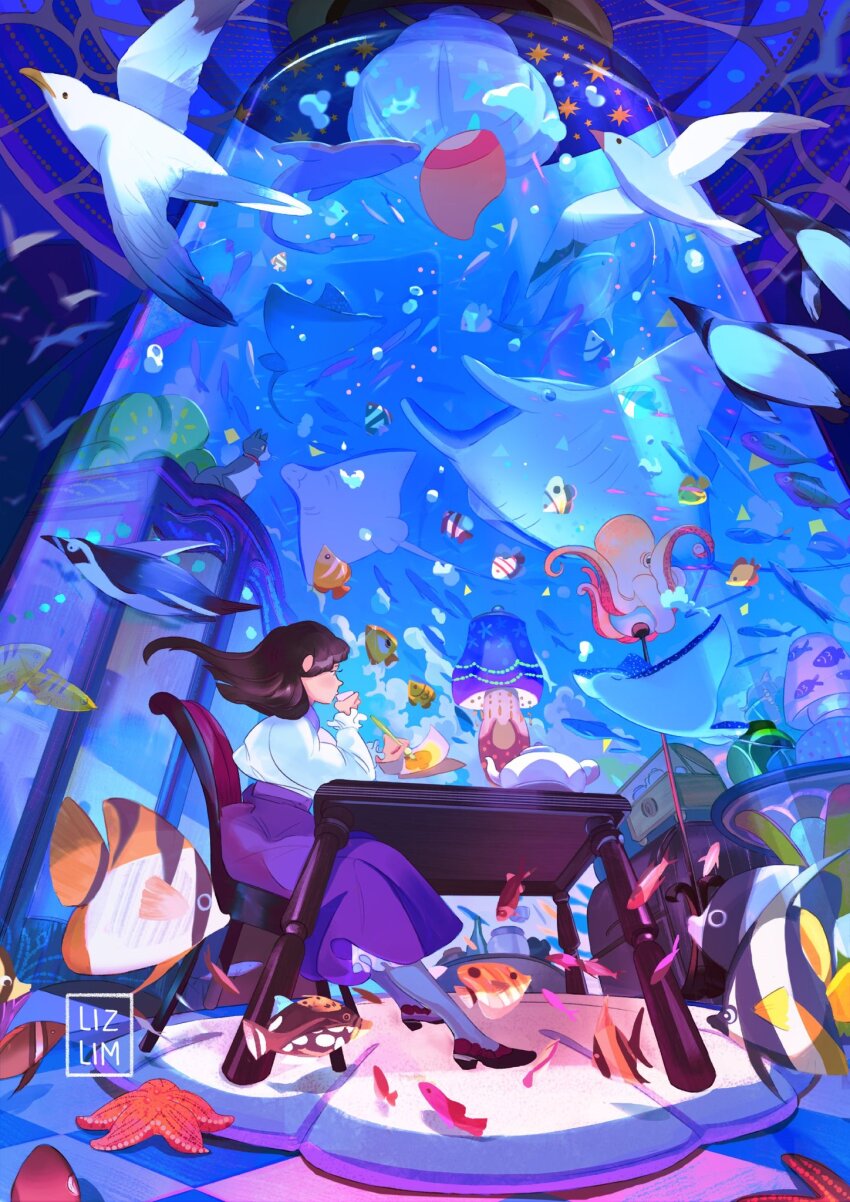 1girl angelfish artist_logo artist_name bird chair cup drinking fish flying flying_fish from_below full_body highres holding lamp lizulimu logo long_sleeves manta_ray original scenery shark skirt starfish table teacup teapot water wide_shot