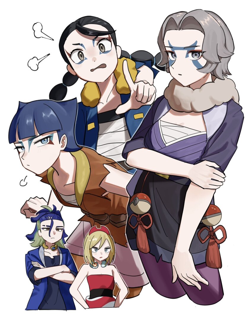 1boy 4girls adaman_(pokemon) black_hair blue_coat blue_hair blunt_bangs brown_eyes brown_jacket charm_(pokemon) closed_mouth clover_(pokemon) coat coin_(pokemon) crossed_arms eyeshadow facepaint grey_eyes grey_hair hairband highres irida_(pokemon) jacket long_hair looking_at_viewer loose_hair_strand makeup multi-tied_hair multiple_girls nintendo pointing pokemon pokemon_legends:_arceus puff_of_air sarashi shirt simple_background strapless strapless_shirt twintails umebosi_nigame white_background