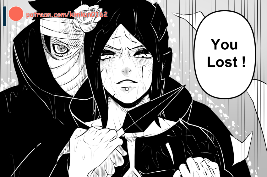 1boy 1girl akatsuki_(naruto) akatsuki_uniform english_text eyeshadow face_piercing fighting flower hair_flower hair_ornament highres holding holding_kunai holding_weapon kimkun0162 konan_(naruto) kunai labret_piercing makeup mask masked_madara monochrome naruto_(series) naruto_shippuuden paper rain sharingan short_hair tobi_(naruto) uchiha_obito weapon