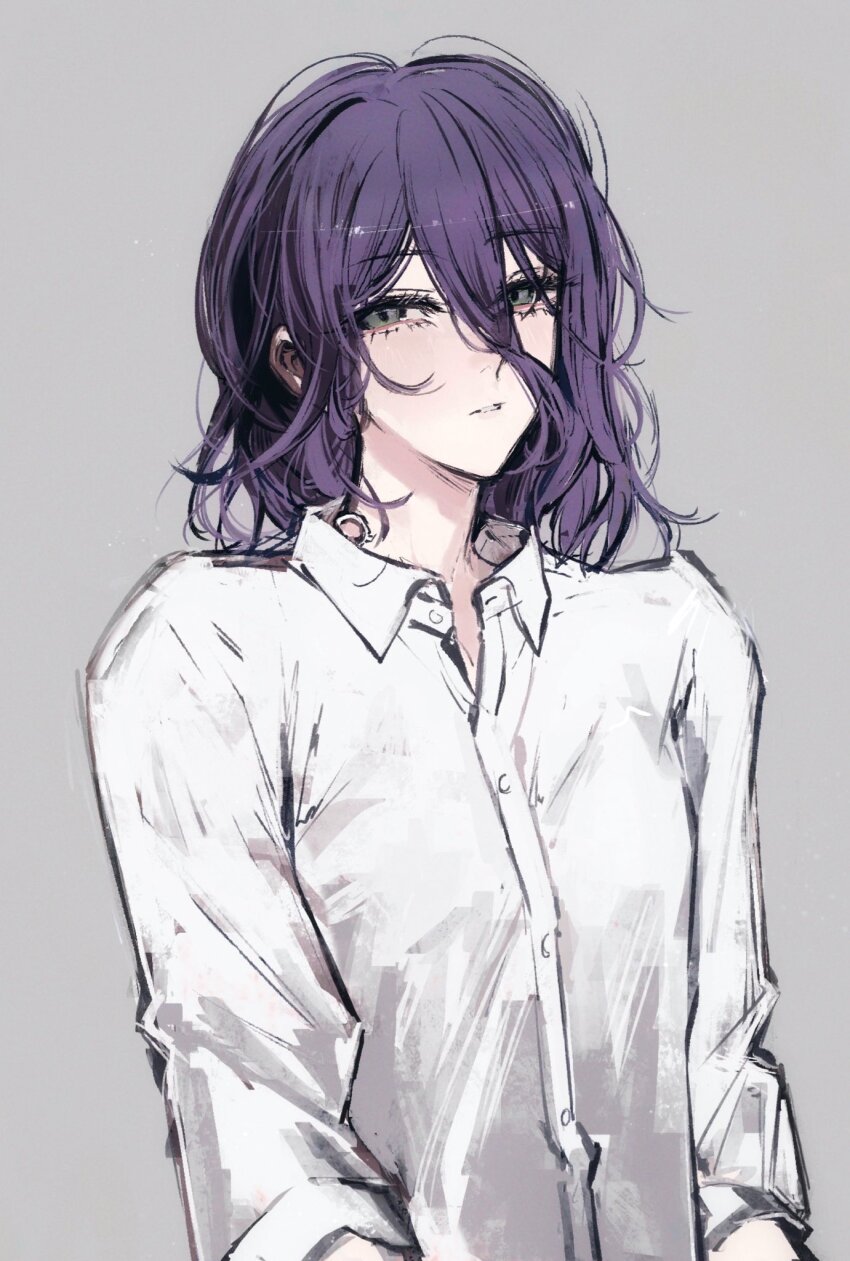 1girl chainsaw_man collared_shirt grenade_pin grey_background grey_eyes hair_between_eyes hair_down highres long_hair long_hair_between_eyes long_sleeves moku_(muooku) parted_lips purple_hair reze_(chainsaw_man) shirt simple_background solo white_shirt