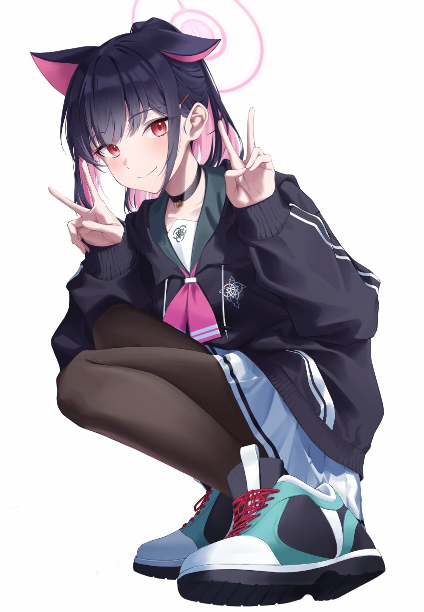 1girl absurdres alternate_hairstyle animal_ears black_choker black_hair black_hoodie black_pantyhose blue_archive blunt_bangs blush cat_choker cat_ears cat_girl choker closed_mouth colored_inner_hair commentary cross-laced_shoes double_v extra_ears full_body gaoqiaoyuyin_takahashi green_sailor_collar green_shoes hair_ornament hairclip halo hands_up happy highres hood hood_down hoodie kazusa_(blue_archive) looking_at_viewer medium_hair miniskirt multicolored_hair neckerchief pantyhose pink_hair pink_halo pink_neckerchief pleated_skirt ponytail red_eyes sailor_collar school_uniform serafuku shoes sidelocks simple_background skirt sleeves_past_wrists smile sneakers solo split_mouth squatting straight_hair trinity_general_school_logo two-tone_hair v white_background white_skirt