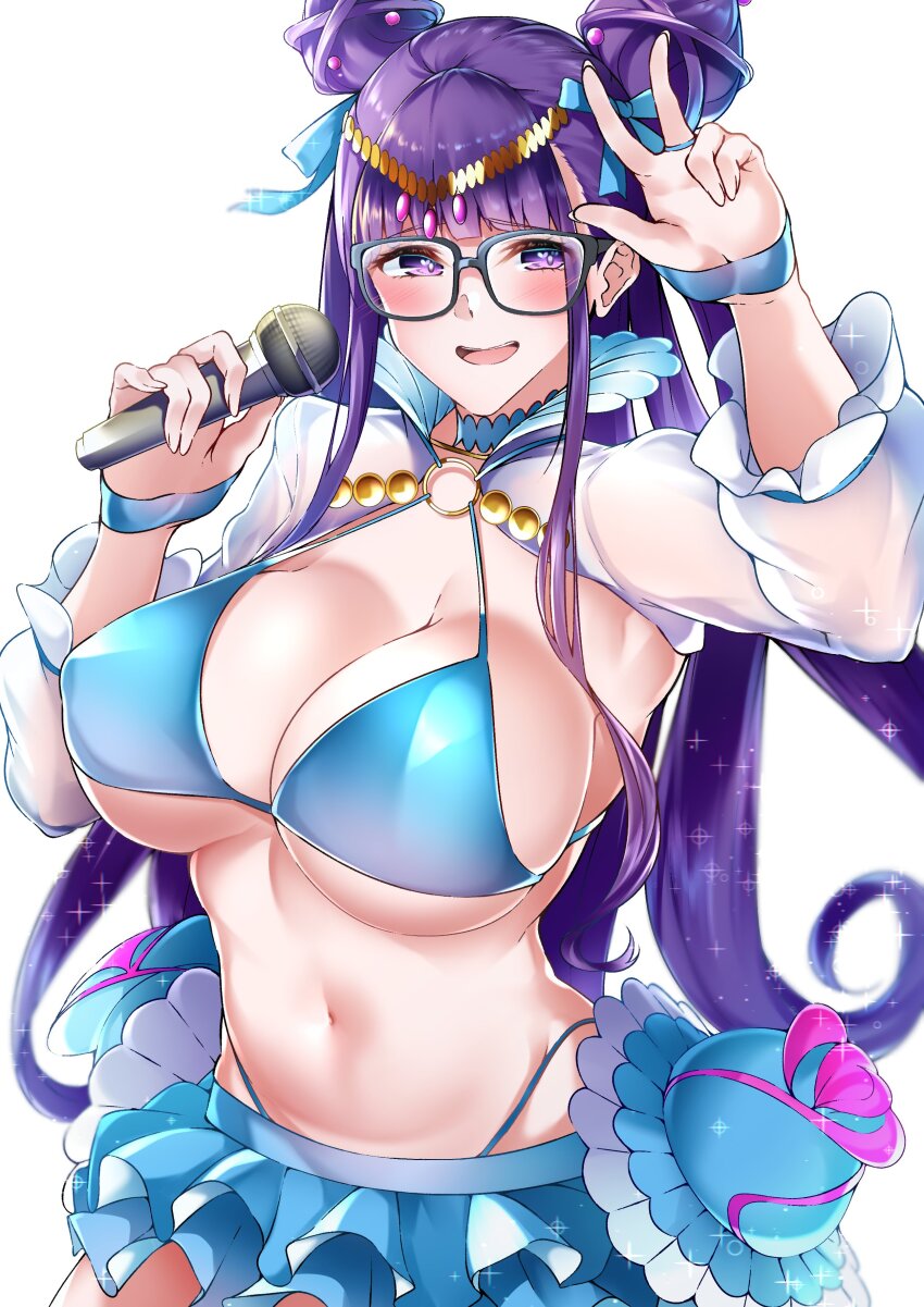 1girl absurdres bikini blue_bikini blush breasts circlet cleavage double_bun fate/grand_order fate_(series) glasses hair_bun highres large_breasts len_(hand_linke) long_hair long_sleeves looking_at_viewer microphone microskirt murasaki_shikibu_(fate) murasaki_shikibu_(swimsuit_rider)_(fate) murasaki_shikibu_(swimsuit_rider)_(third_ascension)_(fate) navel open_mouth purple_eyes purple_hair shirt shrug_(clothing) skirt smile solo swimsuit thong thong_bikini very_long_hair whale_tail_(clothing) white_shirt
