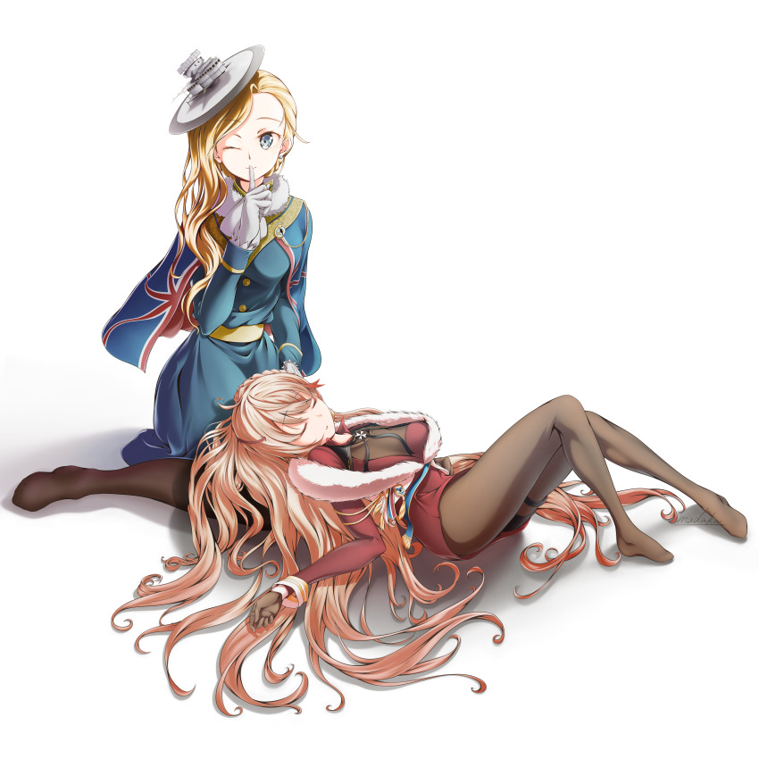 2girls absurdres artist_name ascot azur_lane blonde_hair blue_coat blue_eyes braid brown_gloves buttons capelet coat earrings fascinator finger_to_mouth full_body fur-trimmed_coat fur_trim gloves highres hood_(azur_lane) howe_(azur_lane) huge_filesize jewelry long_hair madakov_kodima medal multiple_girls one_eye_closed orange_hair pantyhose red_coat see-through_clothes shadow ship&#039;s_badge side_braid simple_background sleeping union_jack unitard very_long_hair white_background white_headwear