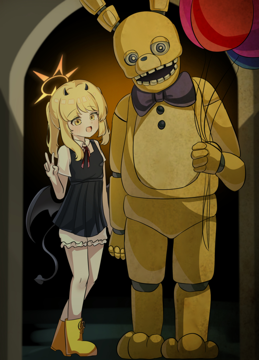 1girl :d absurdres bag blonde_hair blue_archive blush bow dress five_nights_at_freddy&#039;s full_body gloves hair_ornament highres ibuki_(blue_archive) long_hair looking_at_viewer open_mouth ribbon sabnak66 shirt shoes skirt smile springtrap standing stuffed_animal stuffed_toy very_long_hair yellow_eyes