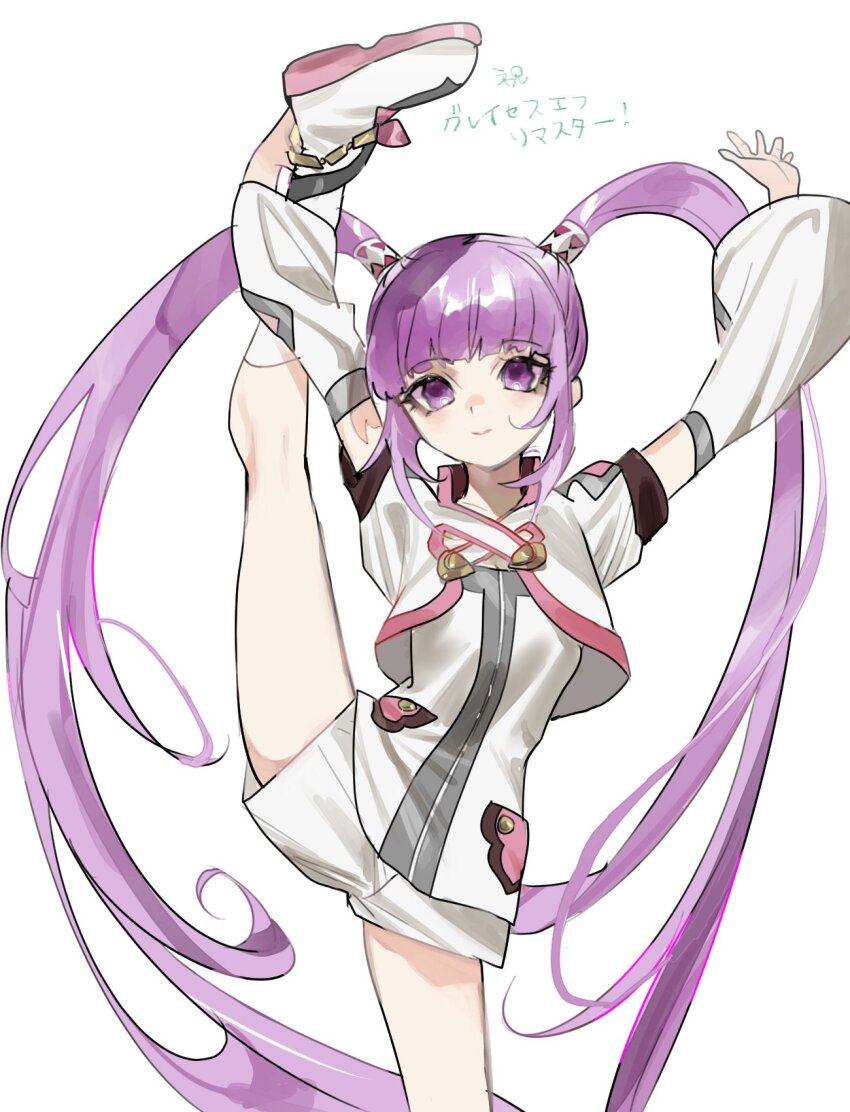 1girl closed_mouth highres leg_hold leg_lift leg_up long_hair looking_at_viewer meameeea purple_eyes purple_hair simple_background smile solo sophie_(tales) split standing standing_on_one_leg standing_split tales_of_(series) tales_of_graces twintails white_background