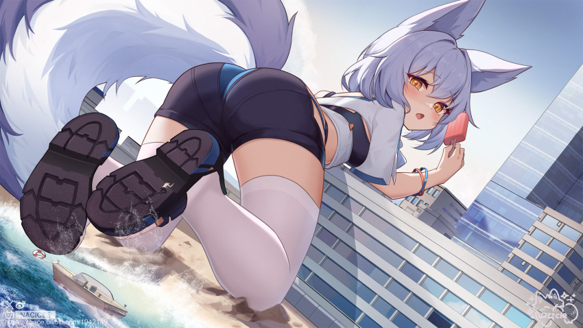 1girl animal_ears arknights bikini bikini_under_clothes black_bikini black_shoes black_shorts blue_gloves day food giant giantess gloves highres hip_vent large_tail long_hair looking_at_viewer looking_back official_alternate_costume open_mouth outdoors popsicle provence_(arknights) provence_(casual_vacation)_(arknights) purple_hair shoes shorts signature swimsuit synring97 tail thighhighs watermark white_thighhighs wolf_ears wolf_girl wolf_tail yellow_eyes