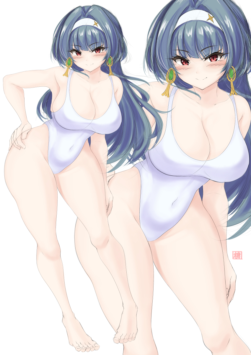 1girl absurdres arena_(company) astra_yao barefoot black_hair breasts cleavage competition_swimsuit earrings feet_out_of_frame full_body hairband highleg highleg_one-piece_swimsuit highres jewelry large_breasts logo long_hair looking_at_viewer multiple_views one-piece_swimsuit red_eyes swimsuit tong_shui uneven_bangs white_hairband white_one-piece_swimsuit zenless_zone_zero