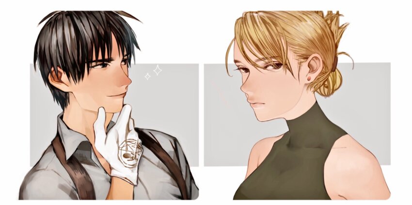 1boy 1girl black_hair blonde_hair brown_eyes commentary_request earrings folded_ponytail frown fullmetal_alchemist gloves grey_shirt highres ichita_kuuto jewelry riza_hawkeye roy_mustang shirt sleeveless sleeveless_turtleneck smile stud_earrings suspenders turtleneck white_gloves