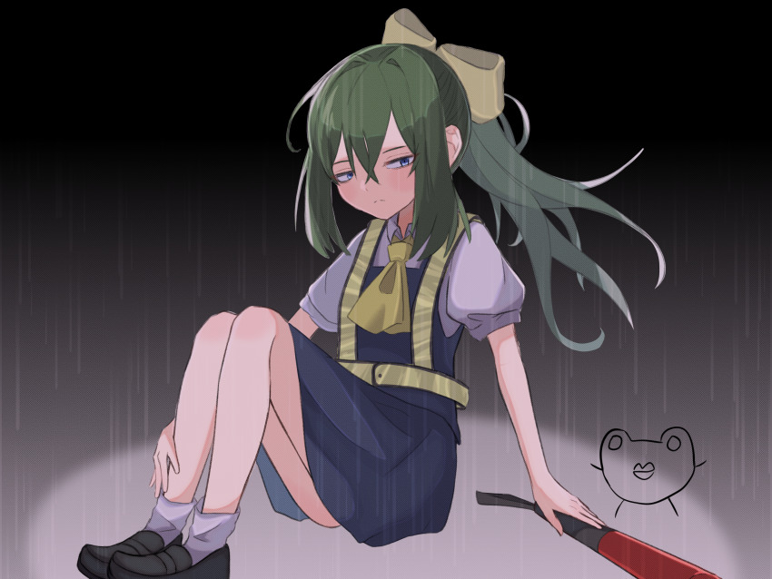 1girl absurdres ascot black_shoes blue_eyes blue_skirt blue_vest blush bow closed_mouth collared_shirt commentary_request cookie_(touhou) daiyousei diyusi_(cookie) expressionless feet_out_of_frame flat_chest green_hair hair_bow hide_(acceed) high-visibility_clothing high-visibility_vest highres iidabashi long_hair looking_at_viewer manatsu_no_yo_no_inmu ponytail puffy_short_sleeves puffy_sleeves shirt shoes short_sleeves sitting skirt socks split_mouth touhou traffic_baton unusually_open_eyes vest white_shirt white_socks yellow_ascot yellow_bow