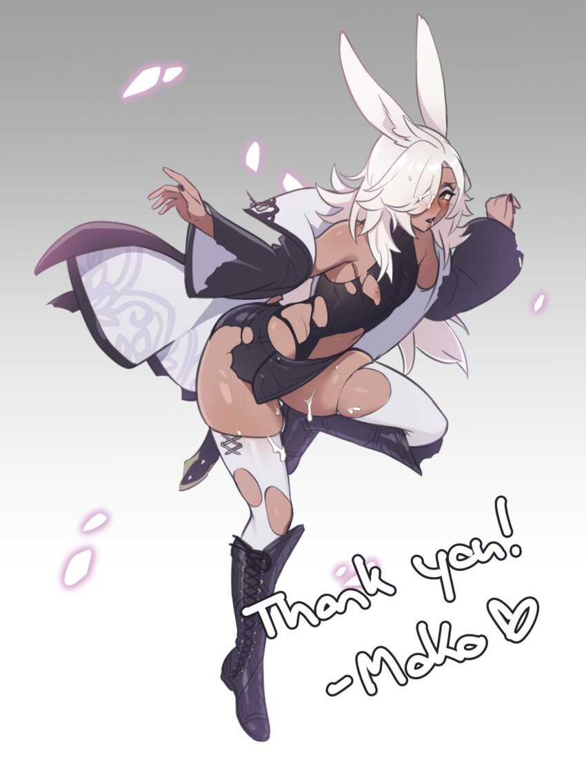 1boy animal_ears black_boots black_leotard black_shorts blush boots dark-skinned_male dark_skin eyeshadow gradient_background grey_background high_collar highres jacket knee_boots lace-up_boots leotard long_hair makeup male_focus mokotoko9 nipple_slip nipples open_mouth original purple_eyeshadow rabbit_boy rabbit_ears shorts skindentation smile solo suggestive_fluid thank_you thighhighs torn_clothes torn_leotard torn_thighhighs trap two-sided_fabric two-sided_jacket white_background white_hair white_thighhighs wide_sleeves