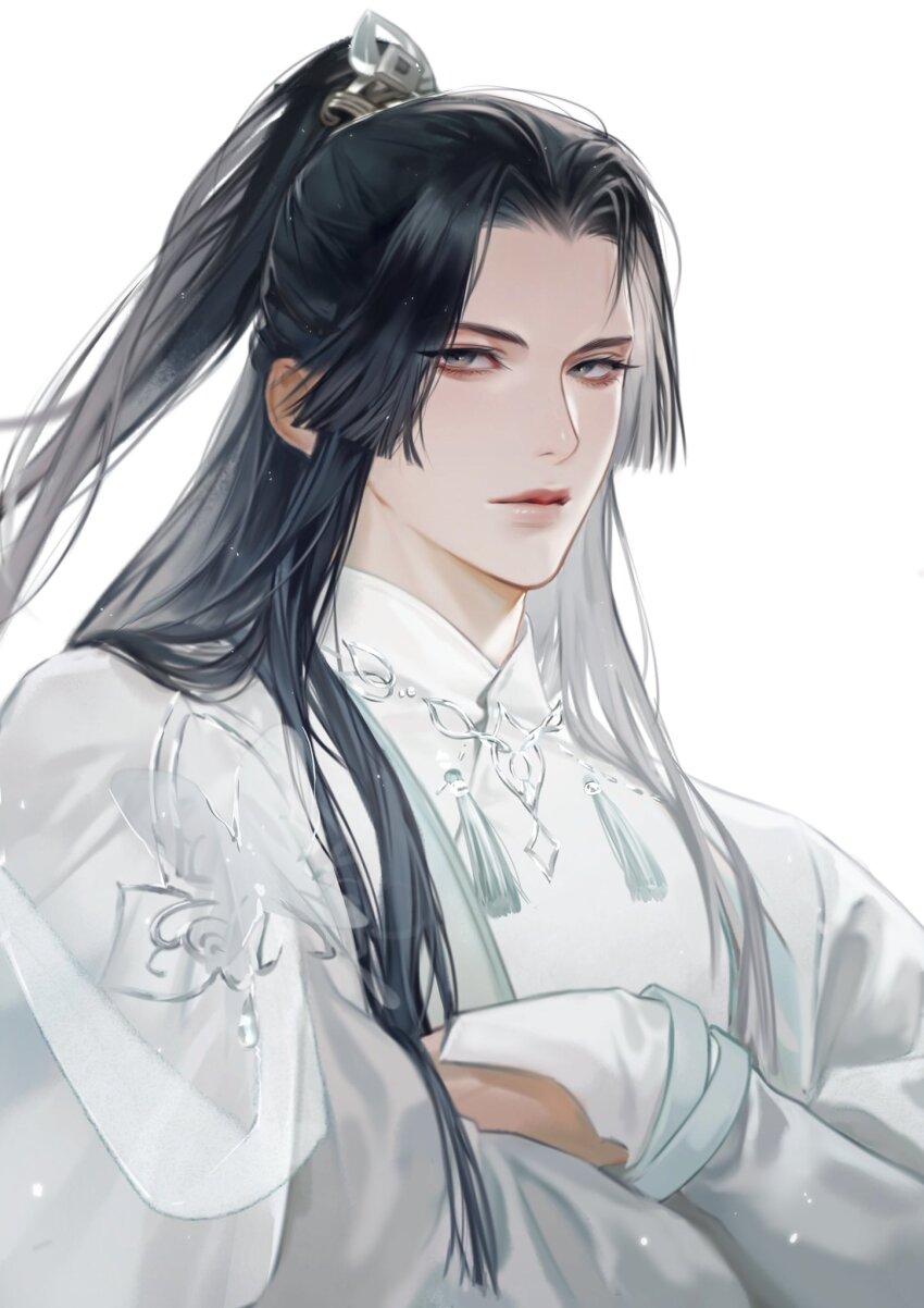 1boy black_hair butterfly_ornament character_request closed_mouth crossed_arms eyeshadow grey_eyes hair_ornament highres light_particles long_hair looking_at_viewer makeup male_focus nishui_han ponytail robe simple_background solo tassel toscana20460423 tsurime upper_body white_background white_robe