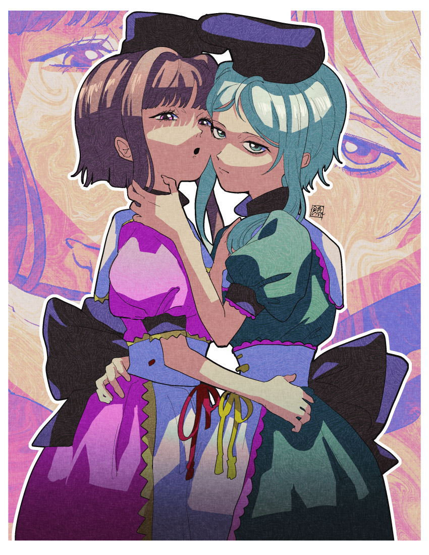 2girls absurdres apron artist_name black_hat closed_mouth dress expressionless green_dress green_hair grey_hair hand_on_another&#039;s_neck hand_on_another&#039;s_waist hat highres medium_hair multiple_girls nishida_satono parted_lips pink_dress puffy_short_sleeves puffy_sleeves seal_impression short_hair short_hair_with_long_locks short_sleeves sidelocks sokura_(mochichitose) tate_eboshi teireida_mai touhou waist_apron