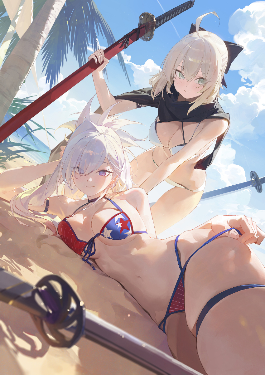 2girls absurdres american_flag american_flag_bikini american_flag_print bare_shoulders beach bikini blonde_hair blue_eyes blue_sky breasts cleavage collarbone fate/grand_order fate_(series) flag_print green_eyes highres large_breasts long_hair looking_at_viewer miyamoto_musashi_(fate) miyamoto_musashi_(fate/grand_order) miyamoto_musashi_(swimsuit_berserker)_(fate) miyamoto_musashi_(swimsuit_berserker)_(second_ascension)_(fate) modare multiple_girls navel okita_j._souji_(fate) okita_j._souji_(first_ascension)_(fate) okita_souji_(fate) pink_hair ponytail print_bikini sand short_hair sky smile swimsuit thighs