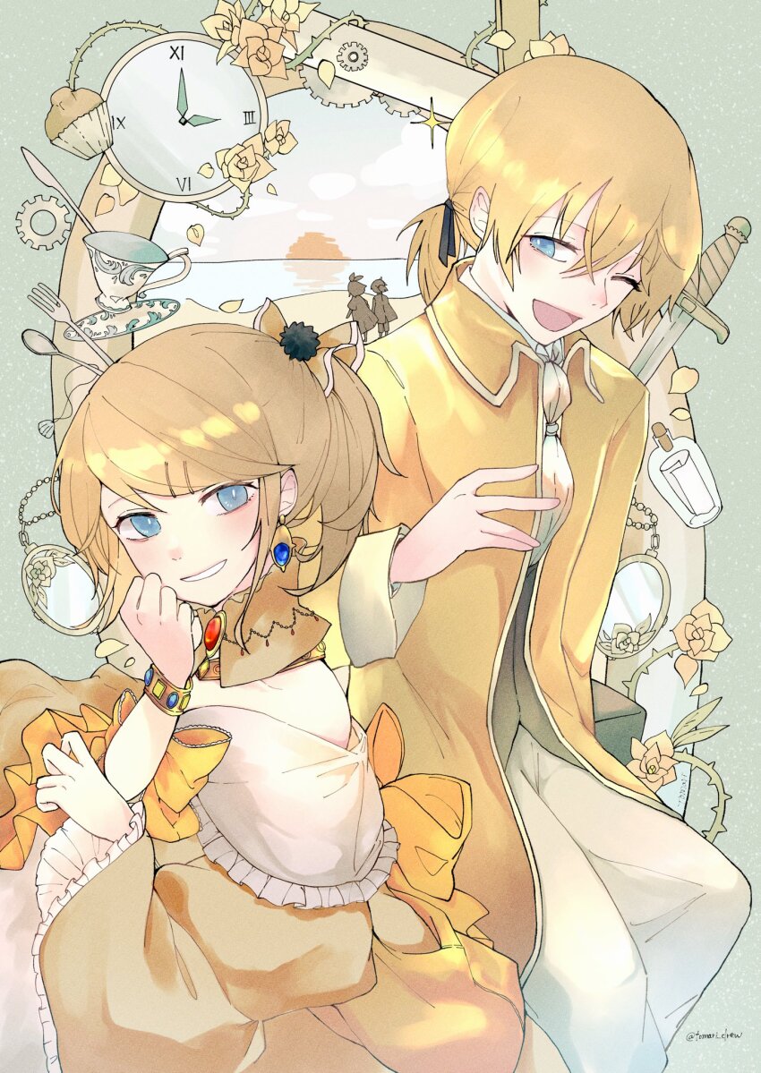 1boy 1girl aged_down aku_no_meshitsukai_(vocaloid) aku_no_musume_(vocaloid) allen_avadonia ascot bare_shoulders beach black_box blonde_hair blue_eyes blue_gemstone bow bracelet brioche brooch brother_and_sister choker clock collarbone collared_jacket cup cutlery dress earrings evillious_nendaiki flashback flower food fork four_mirrors_of_lucifenia frilled_dress frilled_sleeves frills gears gem green_background grin hair_bow hair_ornament hairclip high_ponytail highres jacket jewelry kagamine_len kagamine_rin knife light_blush looking_at_another looking_at_viewer low_ponytail message_in_a_bottle necklace ocean off-shoulder_dress off_shoulder ojou-sama_pose one_eye_closed open_mouth orange_bow orange_ribbon pants pastry petals plate ponytail red_gemstone regret_message_(vocaloid) ribbon riliane_lucifen_d&#039;autriche roman_numeral rose shell shell_necklace short_ponytail siblings smile spoon sunset sword teacup thorns tomari_drew twins twiright_prank_(vocaloid) twitter_username updo vessel_of_sin vocaloid weapon white_pants wide_sleeves yellow_choker yellow_dress yellow_flower yellow_rose