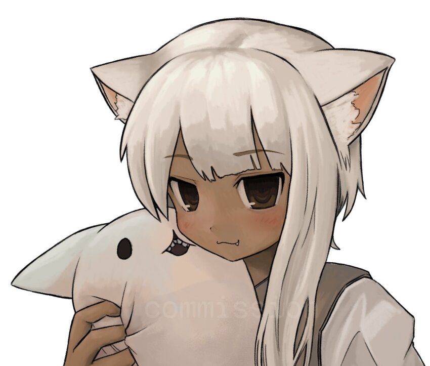 1girl :3 animal_ear_fluff animal_ears blush brown_eyes brown_vest cat_ears cat_girl close-up closed_mouth commentary commission dark-skinned_female dark_skin english_commentary fang hair_over_shoulder hand_up highres holding holding_stuffed_toy hugging_object looking_at_viewer made_in_abyss mitty_(made_in_abyss) nanachi_(made_in_abyss) portrait shirt short_hair short_hair_with_long_locks simple_background single_sidelock smile solo stuffed_toy vest white_background white_hair white_shirt zoolpal