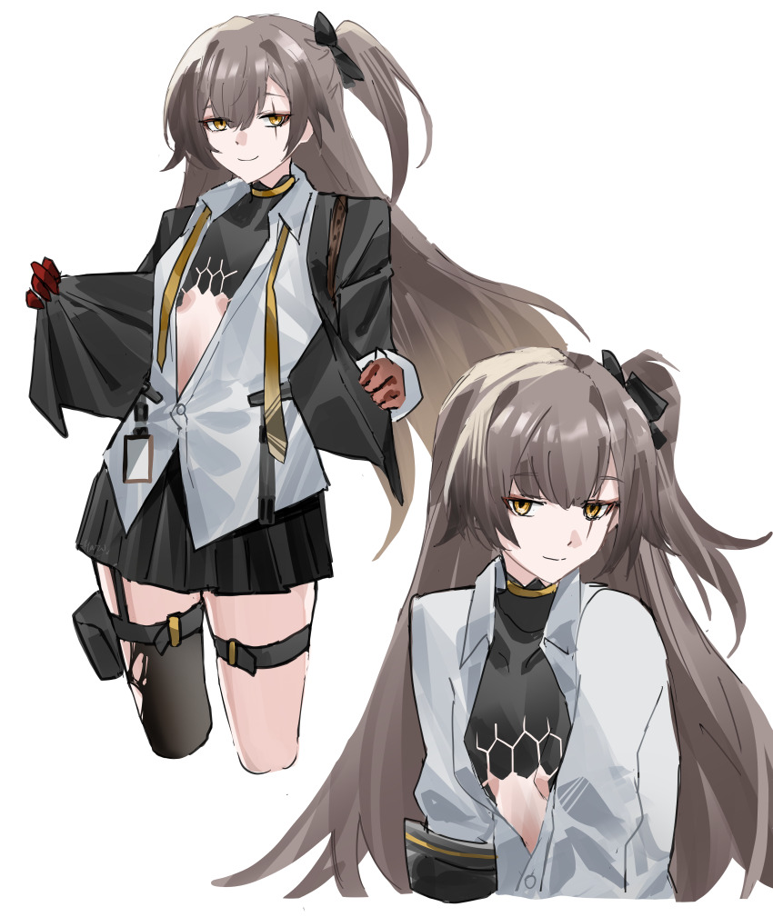 1girl absurdres girls&#039;_frontline girls&#039;_frontline_2:_exilium highres leva_(girls&#039;_frontline_2) loose_necktie mechanical_arms necktie partial_bodysuit partially_unbuttoned prosthesis prosthetic_arm scar scar_across_eye scar_on_face single_mechanical_arm solo ump45_(girls&#039;_frontline) yazu_(zoddiacz) yellow_necktie