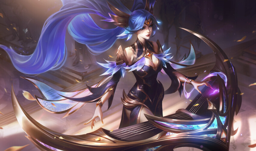 1girl architecture armlet bare_shoulders blue_dress blue_hair breasts circlet cleavage curtained_hair detached_sleeves dress gold_armlet gold_circlet gold_trim hair_intakes hair_ornament harp highres indoors instrument jewelry league_of_legends long_hair looking_at_viewer marble_(stone) marble_floor official_alternate_costume pandart-studio parted_bangs solo sona_(league_of_legends) splashing twintails very_long_hair victorious_sona wide_sleeves