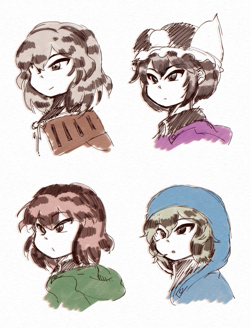 1girl 3others :o androgynous black_hair black_hat black_shirt blue_jacket brown_capelet buttons capelet chikafumikou closed_mouth collarbone collared_shirt cropped_torso dot_nose expressionless frilled_headwear green_hair green_jacket grey_eyes grey_hair hair_between_eyes happy hat highres hood hood_down hood_up hooded_jacket jacket len&#039;en light_frown medium_hair mob_cap multiple_others neck_ribbon o3o parted_lips purple_jacket red_eyes red_hair ribbon shirt shitodo_aoji shitodo_hooaka shitodo_hoojiro shitodo_kuroji short_hair siblings simple_background sketch smile triangular_headpiece tsurime turtleneck turtleneck_shirt white_background white_ribbon