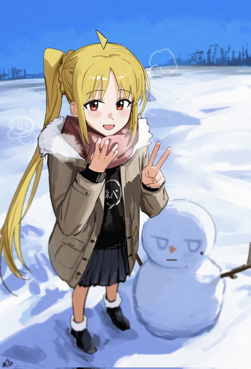 1girl ahoge black_boots black_shirt blonde_hair blush bocchi_the_rock! boots brown_jacket character_snowman chinese_commentary commentary_request grey_skirt haidao_mao highres ijichi_nijika jacket kessoku_band_t-shirt long_hair long_sleeves open_clothes open_jacket open_mouth outdoors pleated_skirt red_eyes red_scarf scarf shirt side_ponytail sidelocks skirt snow snowman solo v winter yamada_ryo
