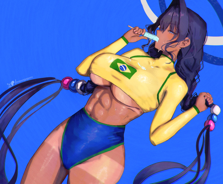1girl absurdres artist_name blue_eyes brazilian_flag brazilian_flag_print breasts commentary english_commentary erasorpepero flag_print food hair_intakes highres holding holding_food holding_popsicle hololive hololive_english large_breasts long_hair melting_popsicle ouro_kronii popsicle solo tan tanline underboob virtual_youtuber