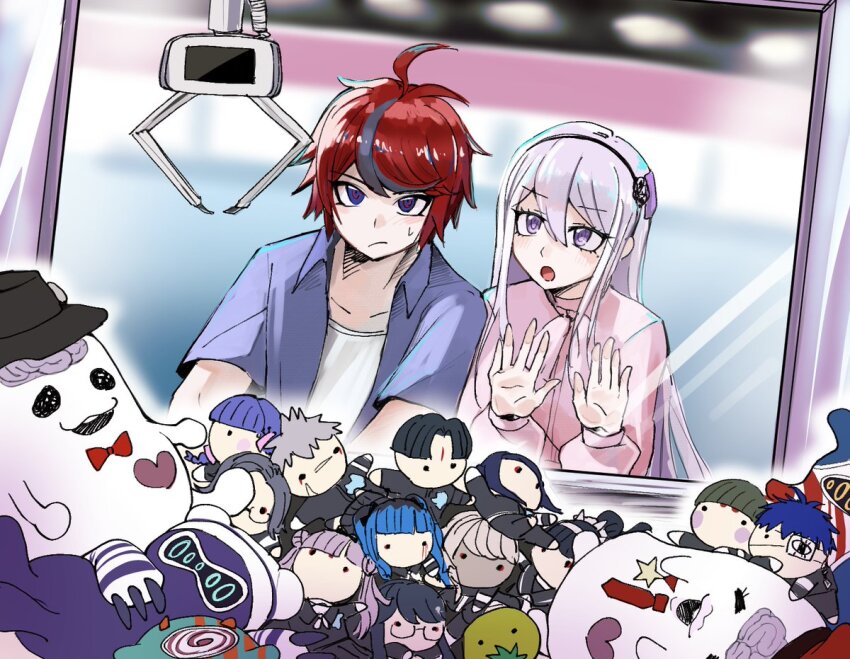 1boy 1girl :o against_glass ahoge amemiya_darumi aotsuki_eito black_hair black_hairband black_hat blue_eyes blue_hair blue_shirt bow bowtie brain character_doll crane_game doll everyone ginzaki_shouma hairband hat heart jacket kashimiya_karua kawana_tsubasa kirifuji_nozomi last_defense_academy_school_uniform long_hair looking_at_object magadori_kyoshika maruko_gaku mojiro_moko multicolored_hair necktie nigou_(hundred_line) omokage_yugamu oosuzuki_kurara pink_hair pink_jacket purple_eyes purple_hair red_bow red_bowtie red_hair red_necktie school_invader_(hundred_line) school_uniform shirt shizuhara_hiruko short_hair sirei_(hundred_line) streaked_hair sumino_takumi sweatdrop the_hundred_line_-last_defense_academy- tkiura_runa tsukumo_ima tsukumo_kako white_undershirt yakushiji_takemaru