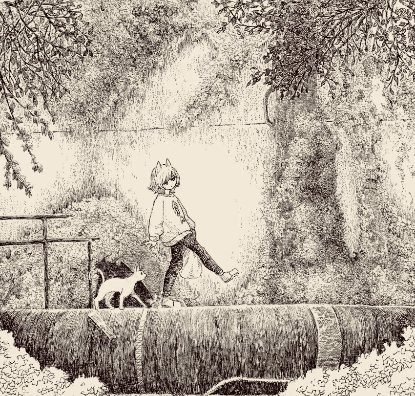 1girl animal animal_ears cat commentary_request crosshatching fish_skeleton_print greyscale hatching_(texture) highres industrial_pipe long_sleeves monochrome nature nigirizusi1 original outdoors pants print_shirt railing scenery shirt solo tail traditional_media tree walking