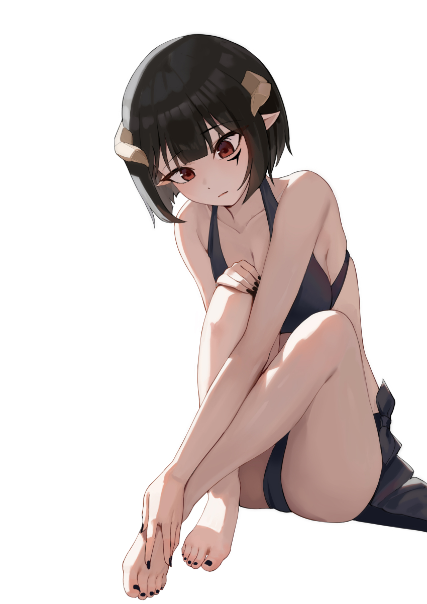 1girl absurdres barefoot bikini black_bikini black_hair black_sarong breasts cleavage demon_girl demon_horns facial_tattoo feet frown full_body hair_between_eyes hand_on_own_foot highres hime-sama_&quot;goumon&quot;_no_jikan_desu horns knees_up large_breasts legs light_blush lips liwen520 looking_down nail_polish pointy_ears red_eyes sarong short_hair simple_background sitting solo swimsuit tattoo toenail_polish toenails toes torture_tortura white_background