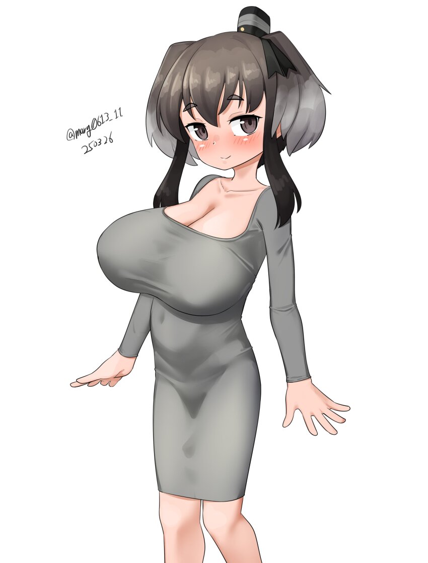 1girl absurdres alternate_breast_size alternate_costume black_hair breasts brown_eyes cleavage dated dress feet_out_of_frame grey_dress hat highres huge_breasts kantai_collection long_dress looking_at_viewer maru_(marg0613) mini_hat short_hair short_hair_with_long_locks simple_background smokestack_hair_ornament solo thick_eyebrows tokitsukaze_(kancolle) twitter_username two_side_up white_background