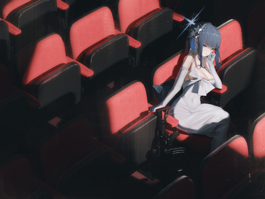 1girl absurdres assault_rifle black_hair blue_archive blue_eyes blue_halo breasts cleavage closed_mouth colored_inner_hair commentary_request covered_navel dress earrings elbow_gloves evening_gown gloves gun hair_between_eyes halo highres indoors jewelry large_breasts long_hair looking_at_viewer multicolored_hair official_alternate_costume revision rifle saori_(blue_archive) saori_(dress)_(blue_archive) sidelocks sig_516 sig_sauer sitting solo strapless strapless_dress susukawa_(susucawa) two-tone_hair weapon white_dress white_gloves