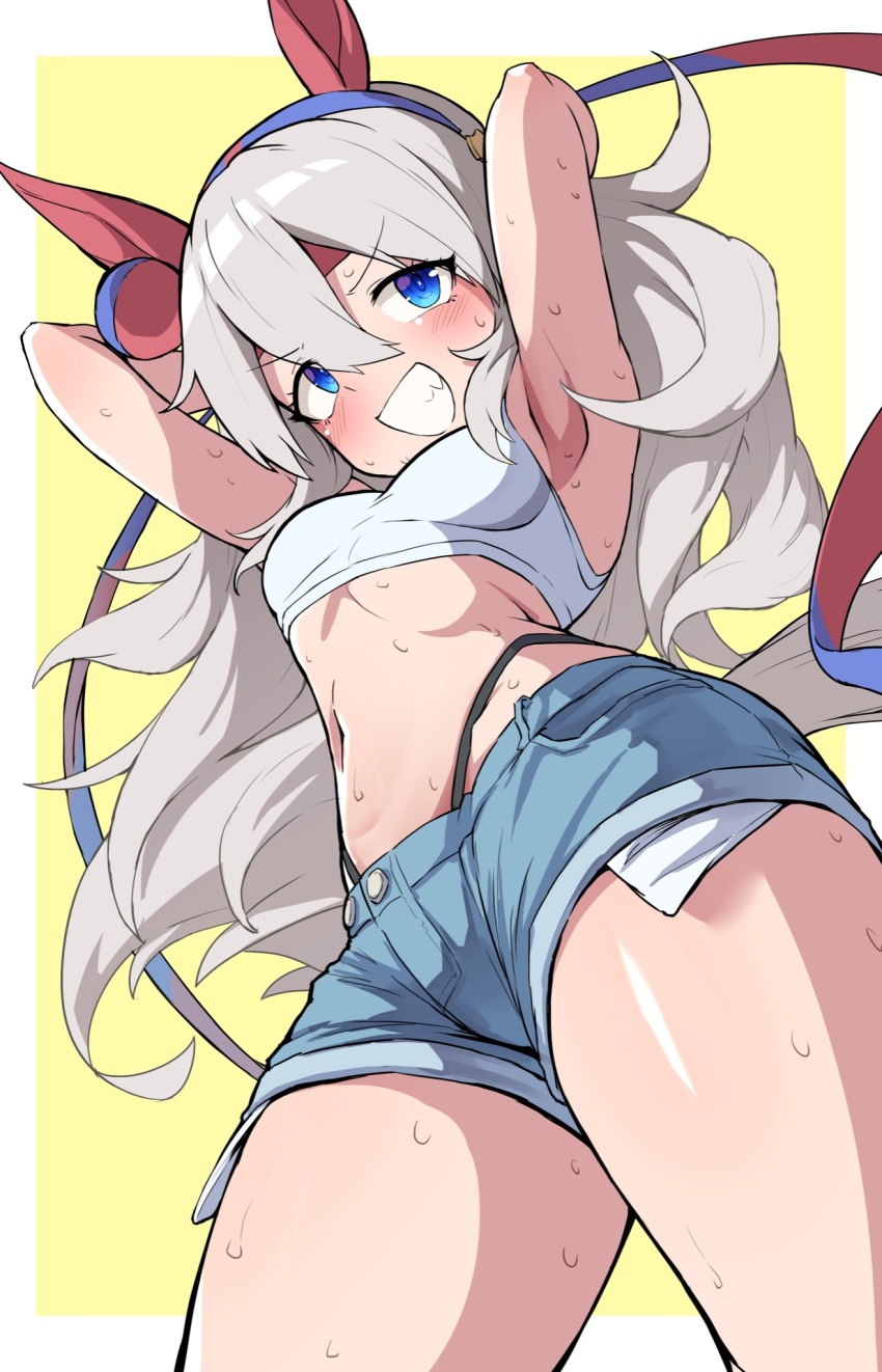 animal_ears blue_hairband bow ear_bow ear_covers ear_ornament grey_hair grey_tail hairband headband hekahire_isurus highres horse_ears horse_girl horse_tail tail tamamo_cross_(umamusume) umamusume umamusume:_cinderella_gray