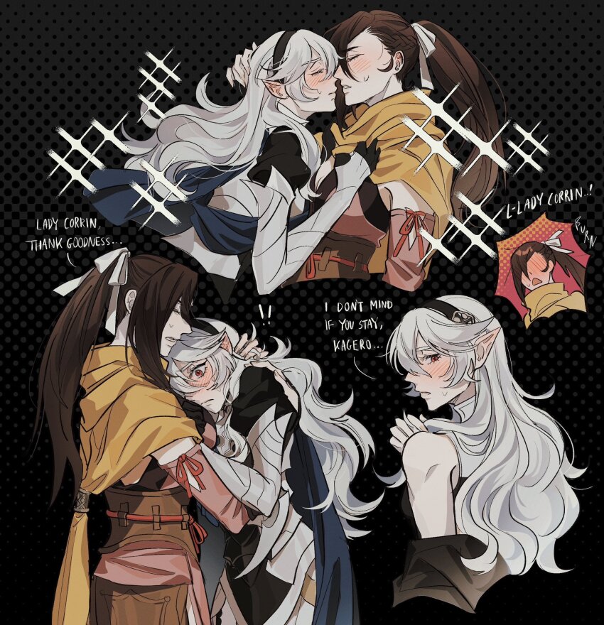! !! 2girls armor black_background black_hair black_hairband blue_cape blush cape closed_eyes commentary corrin_(female)_(fire_emblem) corrin_(fire_emblem) english_commentary english_text fire_emblem fire_emblem_fates grey_hair hairband height_difference highres hug imminent_kiss japanese_clothes kagero_(fire_emblem) long_hair multiple_girls ninja nintendo pointy_ears ponytail profile red_eyes seirorath simple_background sweatdrop undressing wavy_hair yuri